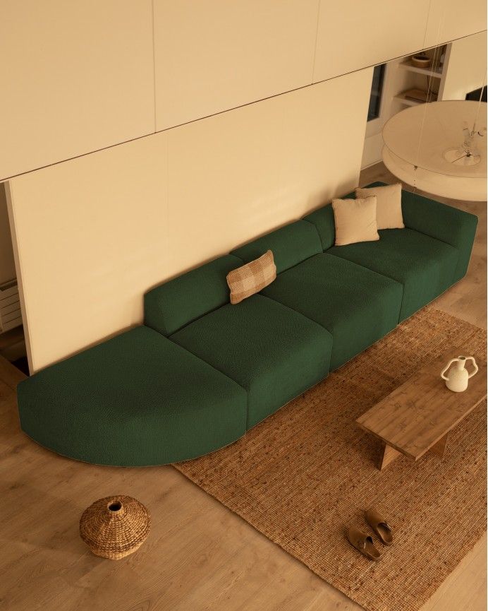 Bruce - Sofá de 4 módulos con curva de bouclé color verde 410x110cm