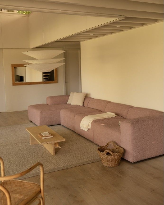 Bruce - Sofá de 4 módulos con chaise longue izquierdo de bouclé color rosa 420x172cm