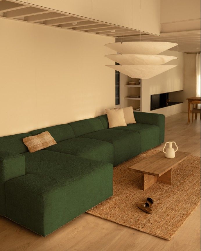 Bruce - Sofá de 4 módulos con chaise longue izquierdo de bouclé color verde 420x172cm