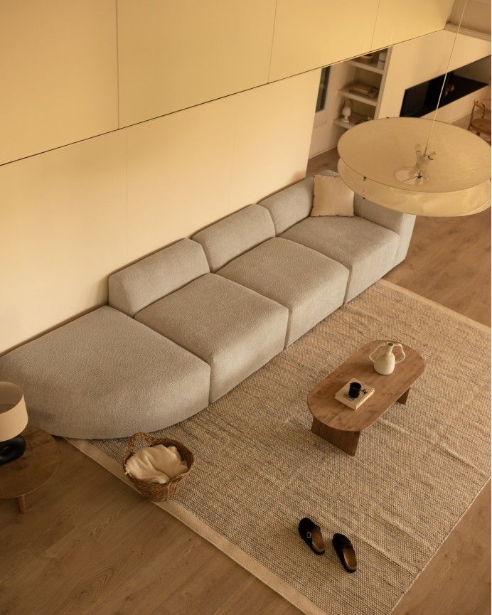 Bruce - Sofá de 4 módulos con curva de bouclé color gris claro 410x110cm