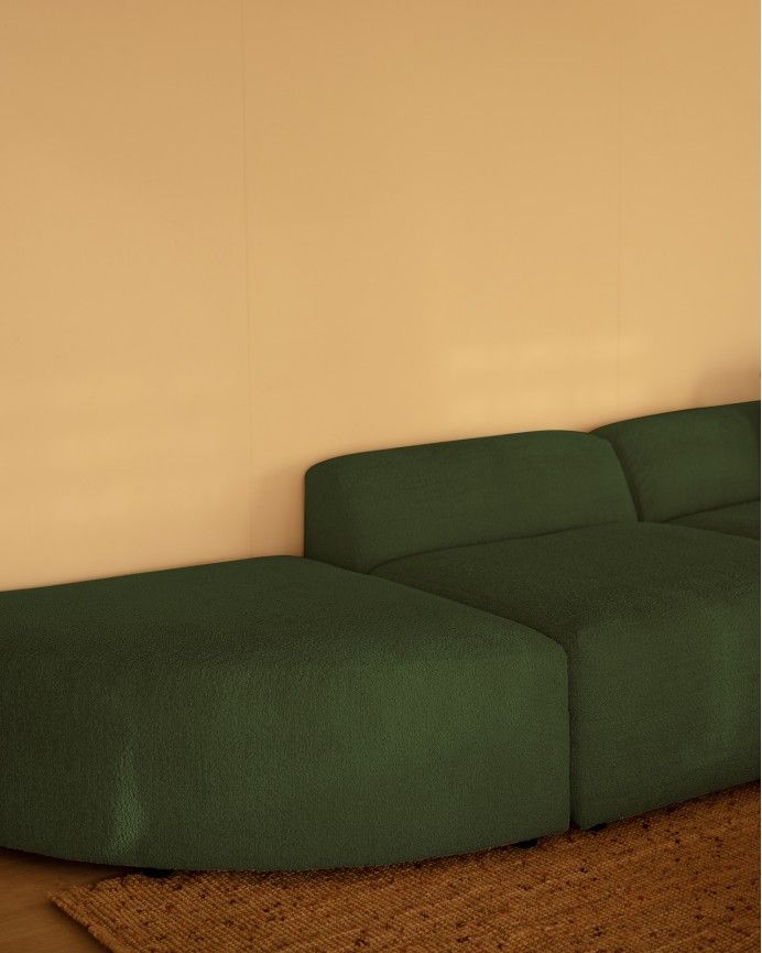 Bruce - Sofá de 4 módulos con curva de bouclé color verde 410x110cm