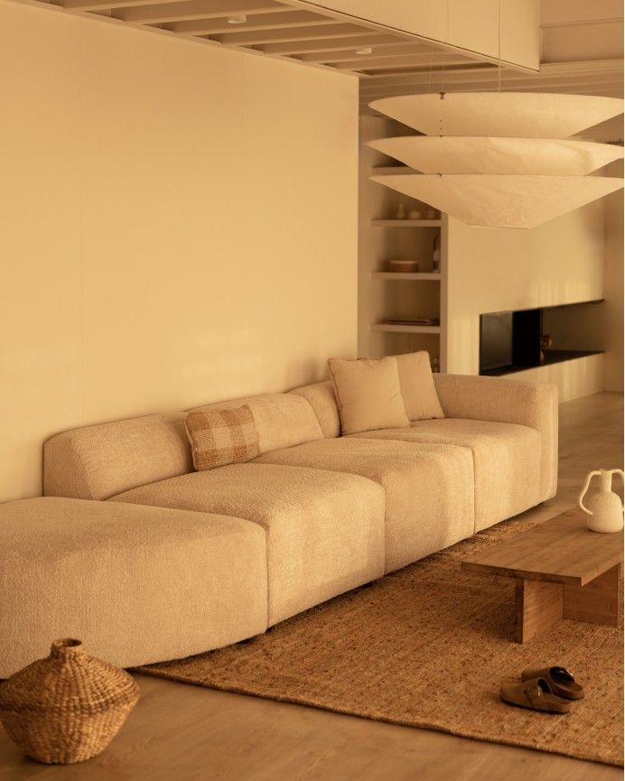 Bruce - Sofá de 4 módulos con curva de bouclé color beige 410x110cm