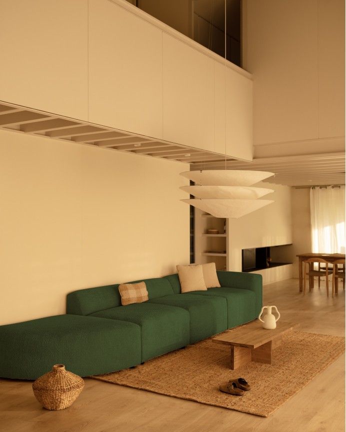 Bruce - Sofá de 4 módulos con curva de bouclé color verde 410x110cm