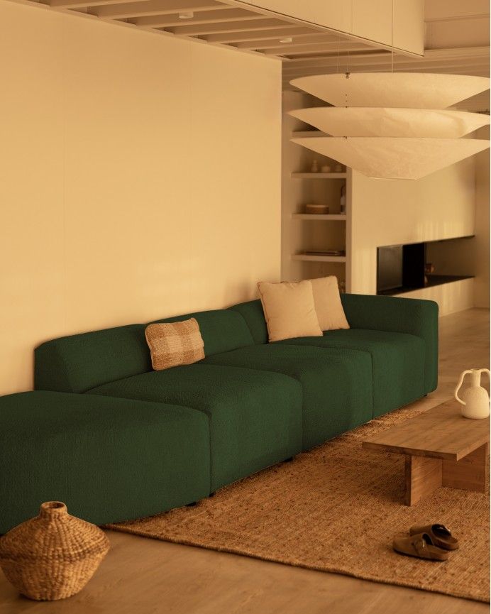 Bruce - Sofá de 4 módulos con curva de bouclé color verde 410x110cm
