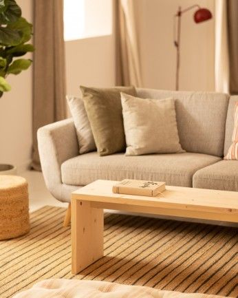 Denia - Mesa de centro de madera maciza en tono natural de 110x45x35cm