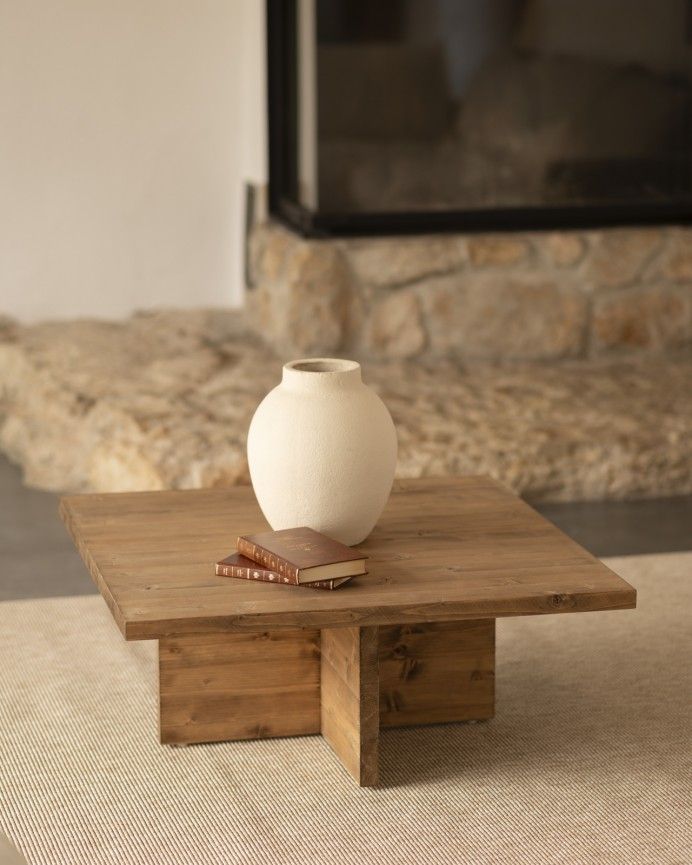 Marine - Mesa de centro cuadrada de madera maciza en tono roble oscuro de 80x80cm