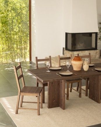 Marine - Mesa de comedor barnizada de madera maciza en tono nogal de varias medidas