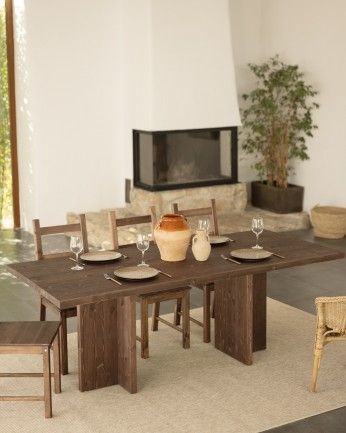 Marine - Mesa de comedor barnizada de madera maciza en tono nogal de varias medidas