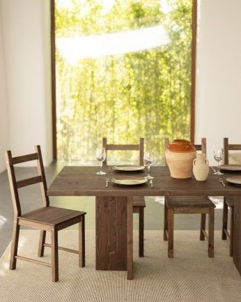 Marine - Mesa de comedor barnizada de madera maciza en tono nogal de varias medidas