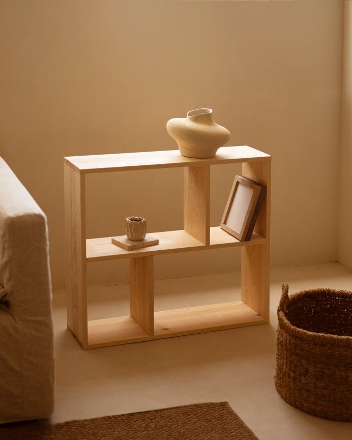 Leyre - Mueble auxiliar de madera maciza en tono natural con 1 estante y 2 separadores