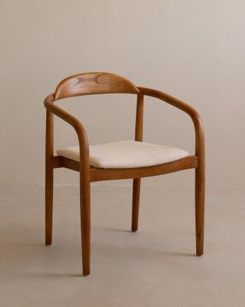Kira - Silla de madera olmo tono roble oscuro y asiento tapizado color beige de 78x58cm, PREVENTA DISPONIBLE A FINALES DE JULIO
