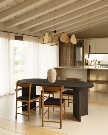 Koji - Mesa de comedor barnizada de madera maciza en tono negro de varias medidas